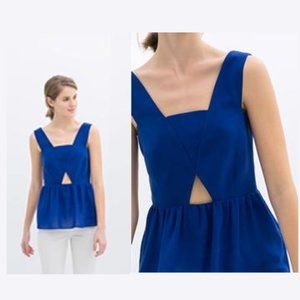 ZARA / L / Women's Peplum Cut-Out Sleeveless Royal Blue Sheer Bottom Tank Blouse